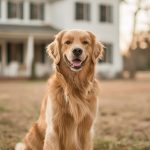 An adorable golden retriever sitting happily in the front yard of a modern farmhouse home with porch