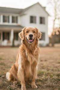 An adorable golden retriever sitting happily in the front yard of a modern farmhouse home with porch