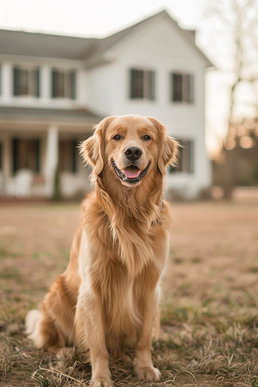 Dog names for adorable golden retriever sitting happily in the front yard of a modern farmhouse home with porch