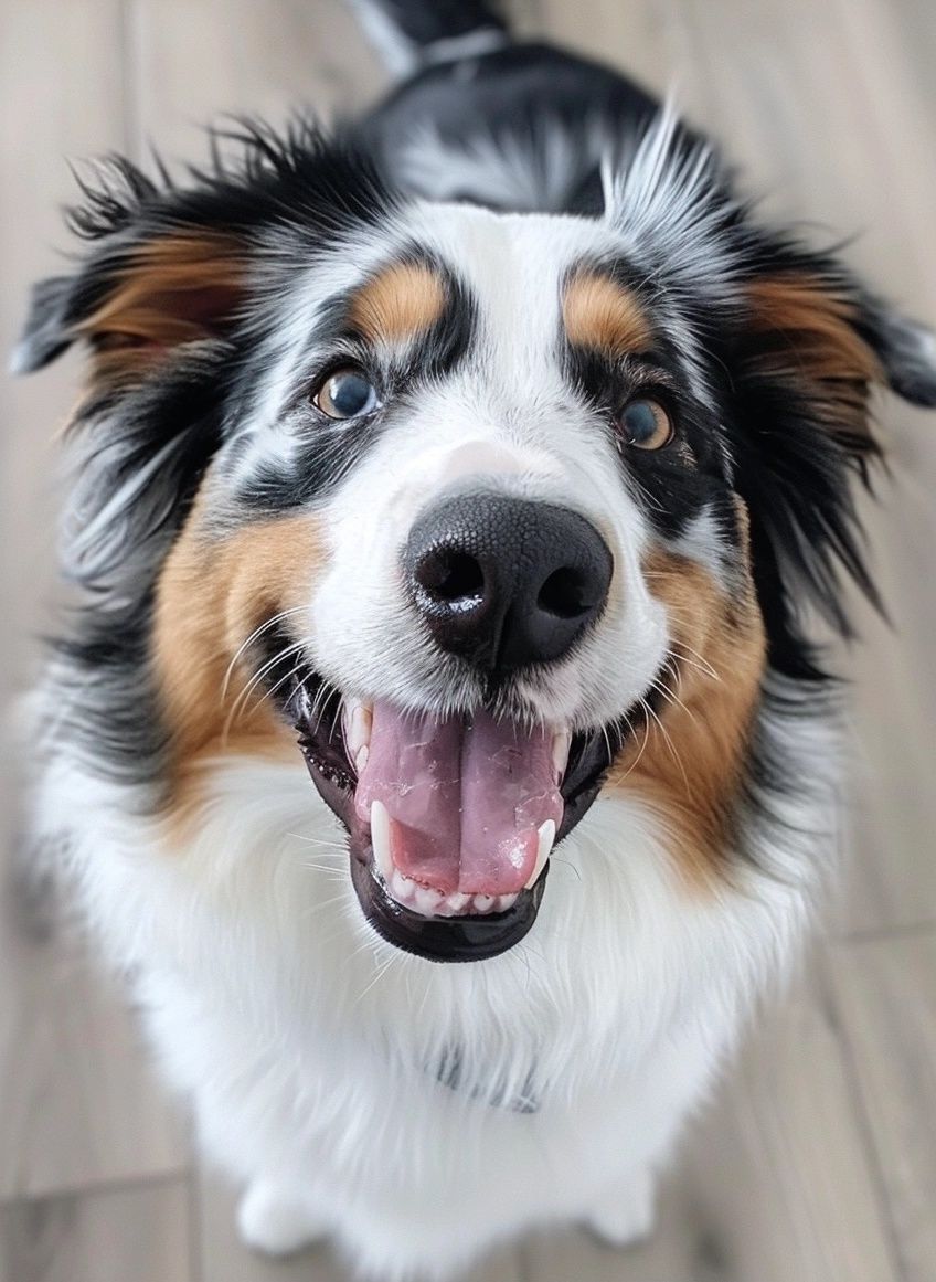 Australian Shepherd with a cheerful, lively smile