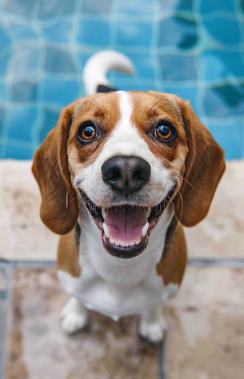 Beagle with a playful, mischievous grin