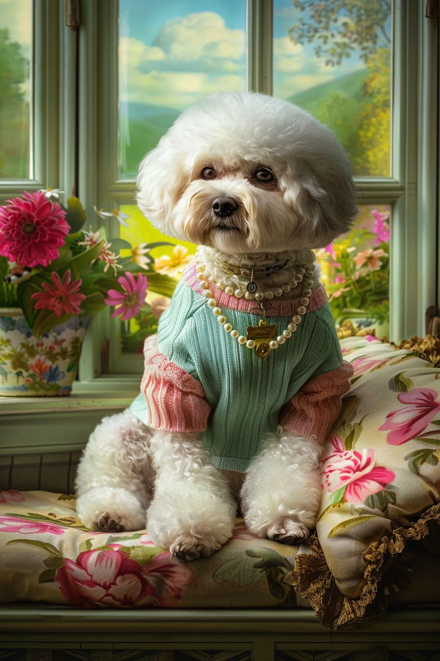 Bichon Frise dressed in a preppy pastel sweater and a pearl necklace, lounging on a cushioned window seat overlooking a lush garden, bright and cheerful atmosphere