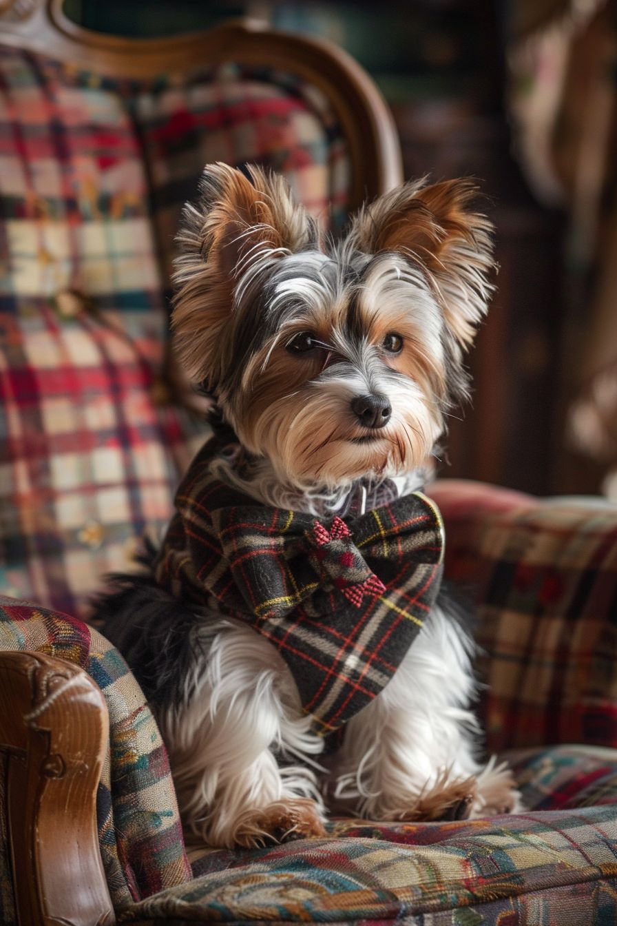 Biewer Terrier in a preppy plaid dress and a bow, sitting on a vintage chair in a cozy New England countryside cottage