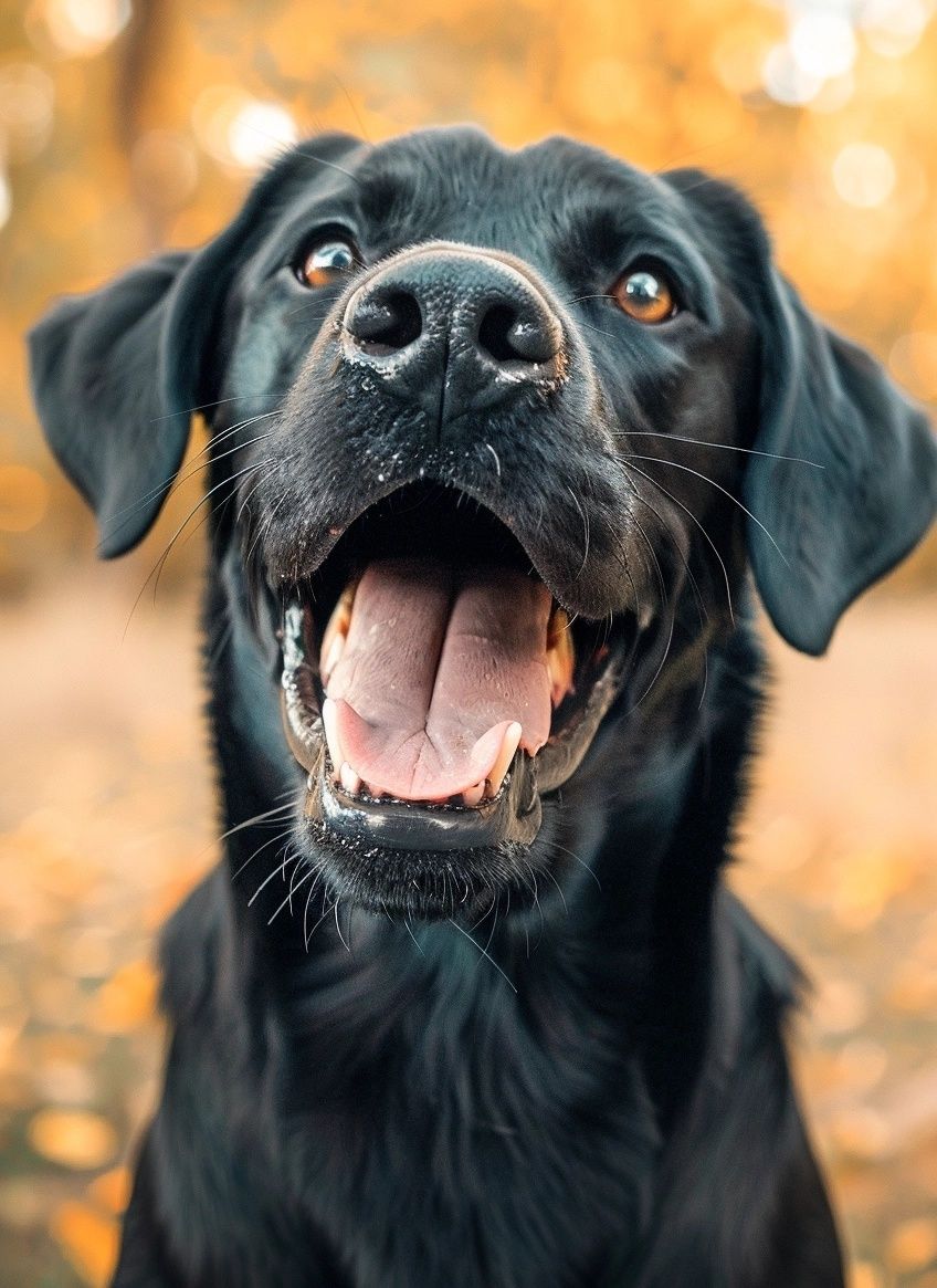 Black lab with a goofy funny smile outside