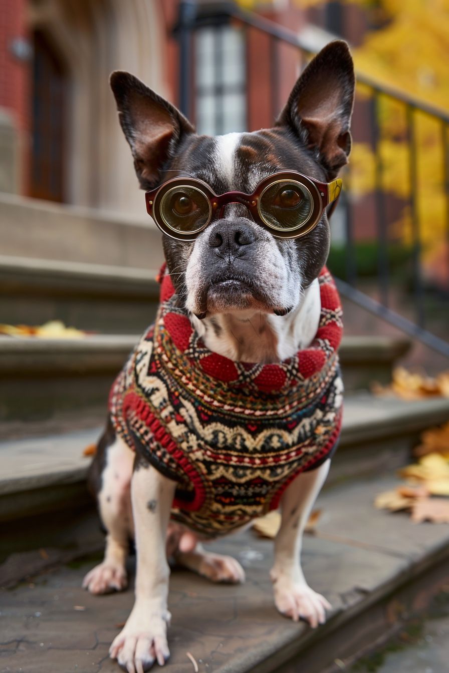 Boston Terrier in a preppy argyle sweater vest and round glasses, standing on the steps of an Ivy League university building academic setting