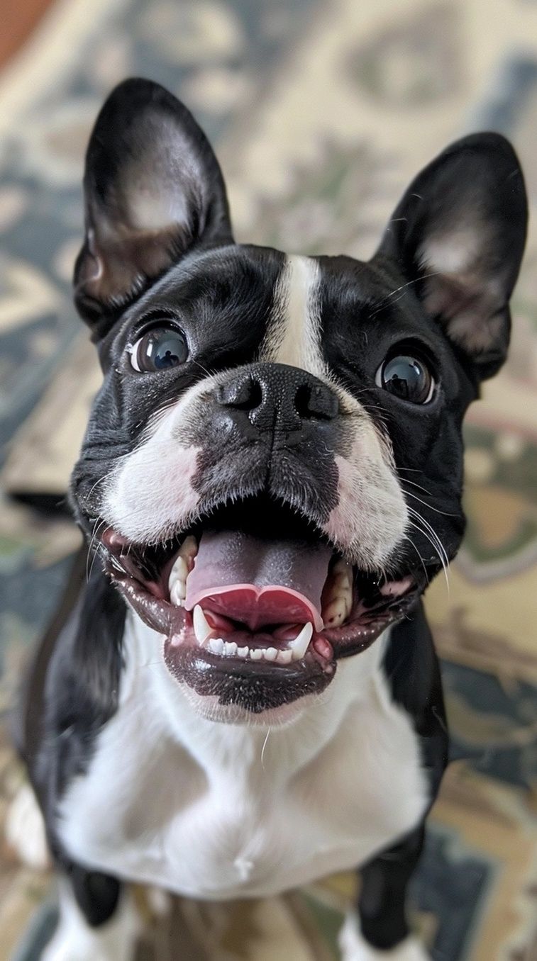 Boston Terrier with a mischievous, playful smile