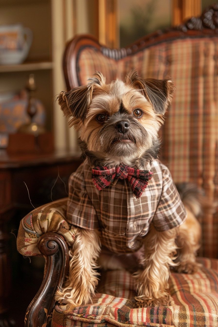 Brussels Griffon dog dressed in a preppy checkered shirt and a bow tie