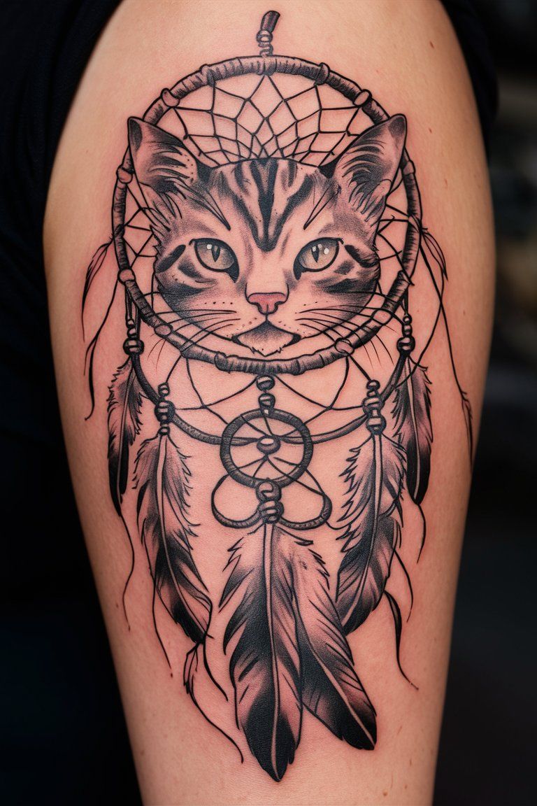 Cat Dreamcatcher Design Tattoo on female arm