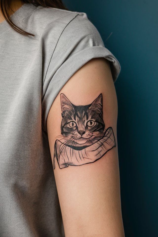 Cat Peeking from Short Sleeve shirt tattoo on female arm