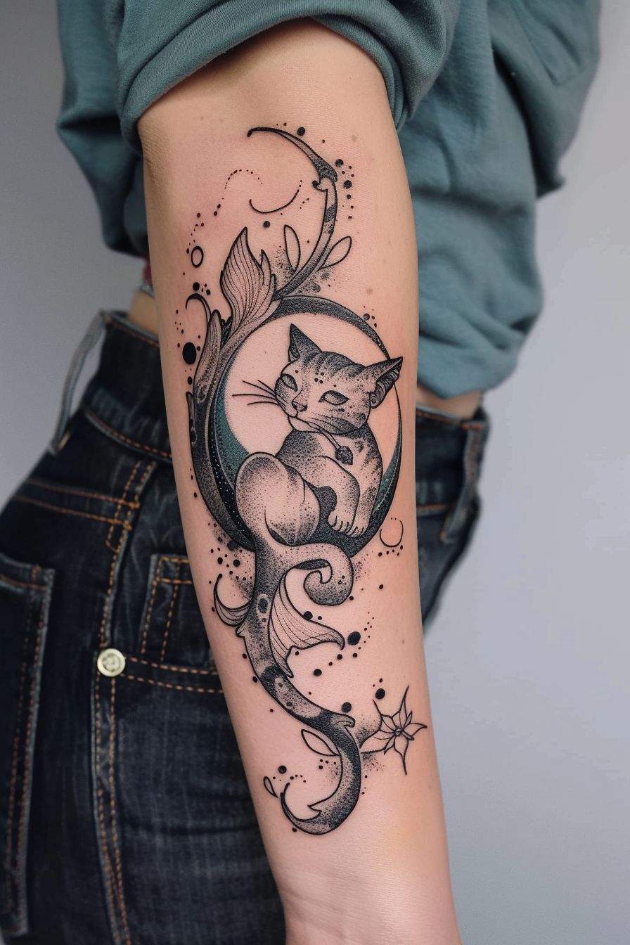 Cat Pisces Zodiac Sign design Tattoo on female arm