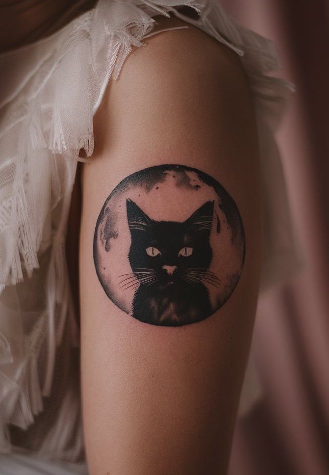 Cat Silhouette with Moon tattoo on female arm