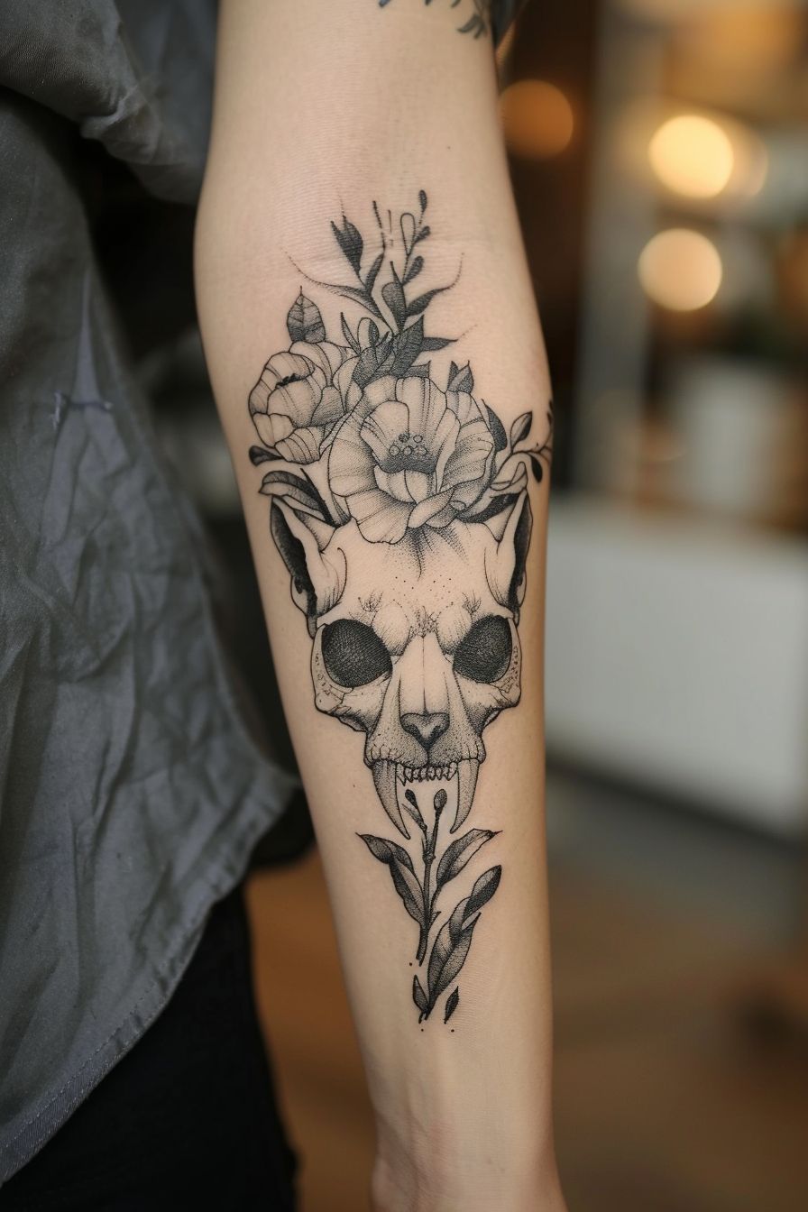 Cat Skull Tattoo on female arm