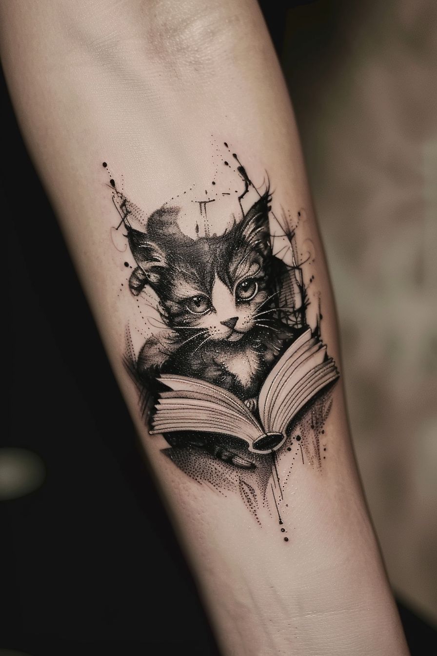 Cat reading book design Tattoo on female arm