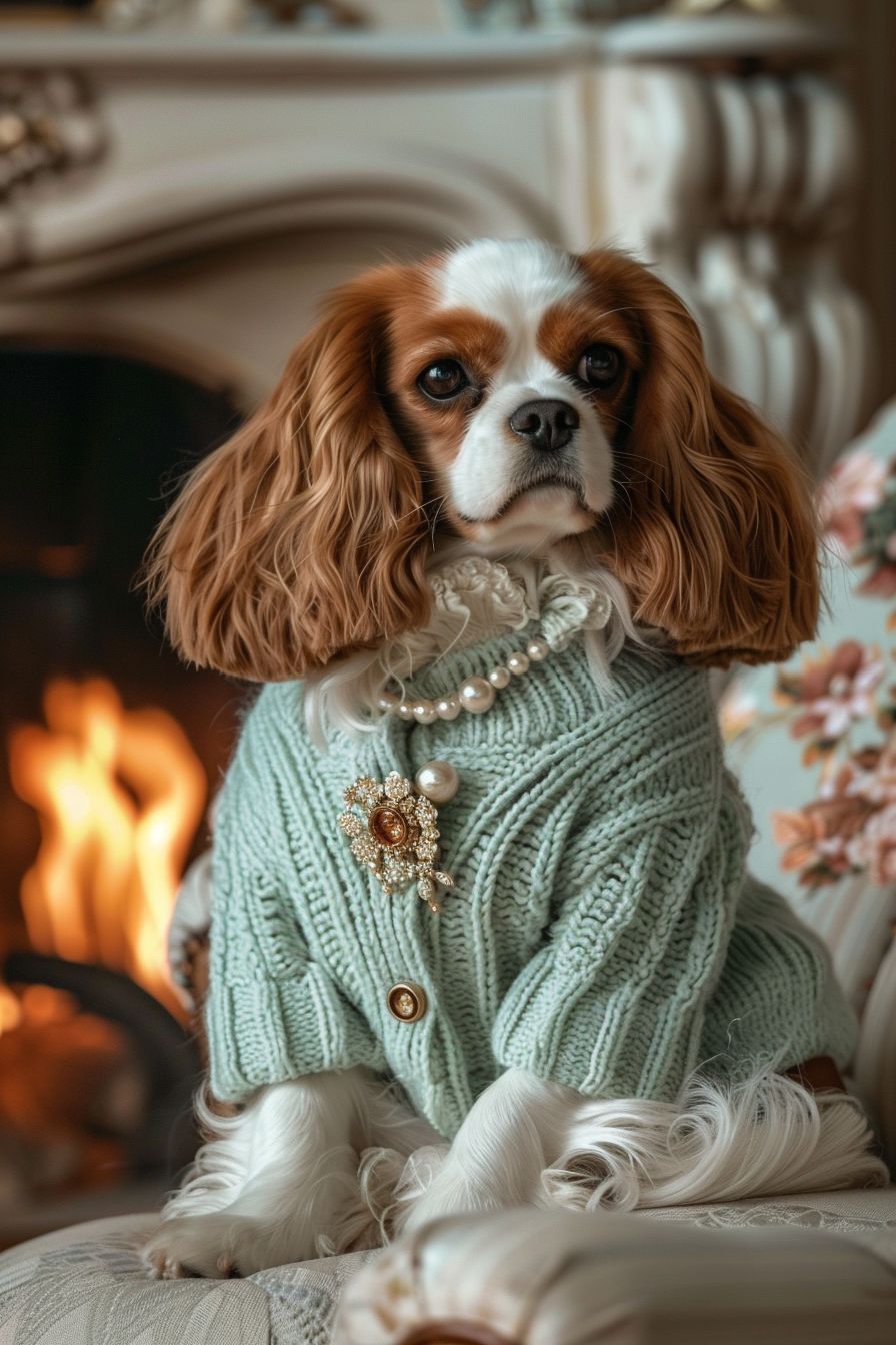 Cavalier King Charles Spaniel in a preppy pastel-colored cardigan and a pearl brooch, sitting by a fireplace in a cozy, upscale living room, high detail