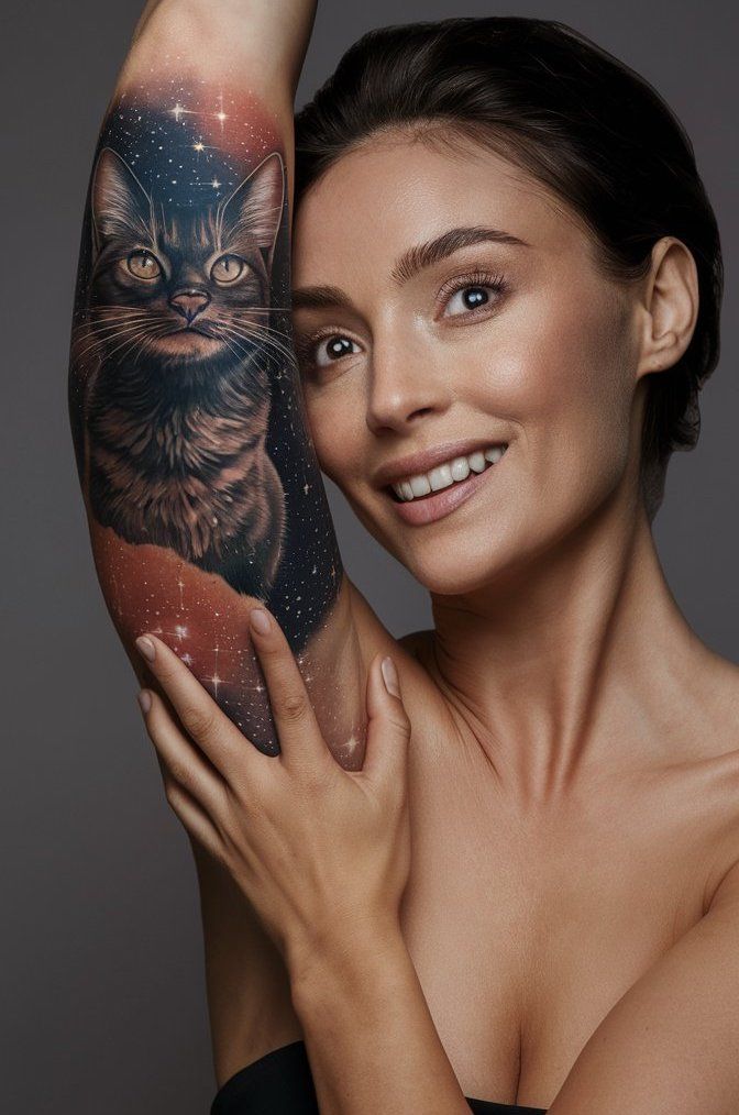 Celestial Cat with Stars tattoo on female arm