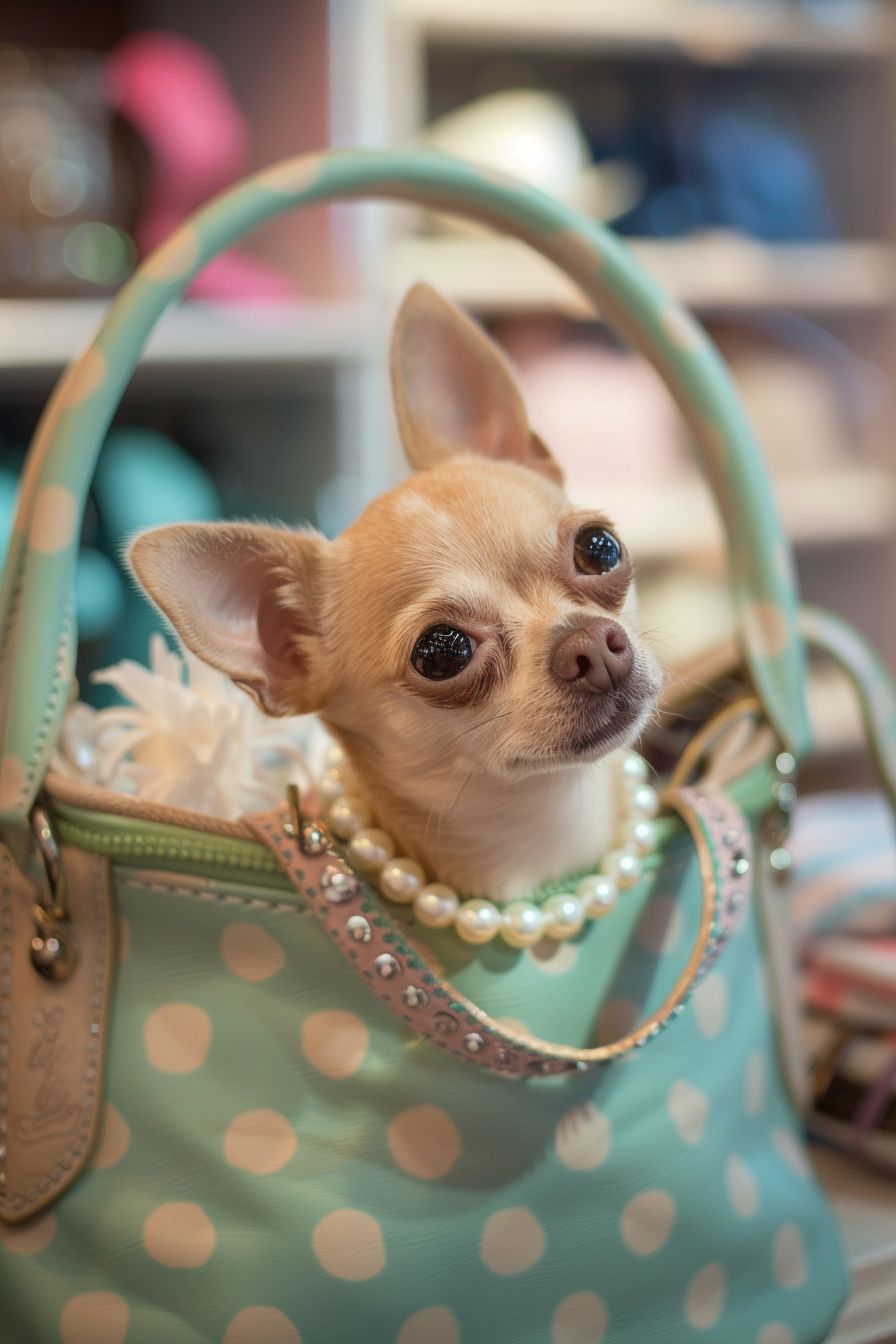 Chihuahua dog wearing a preppy pastel polka dot dress and a pearl necklace, sitting in a chic handbag