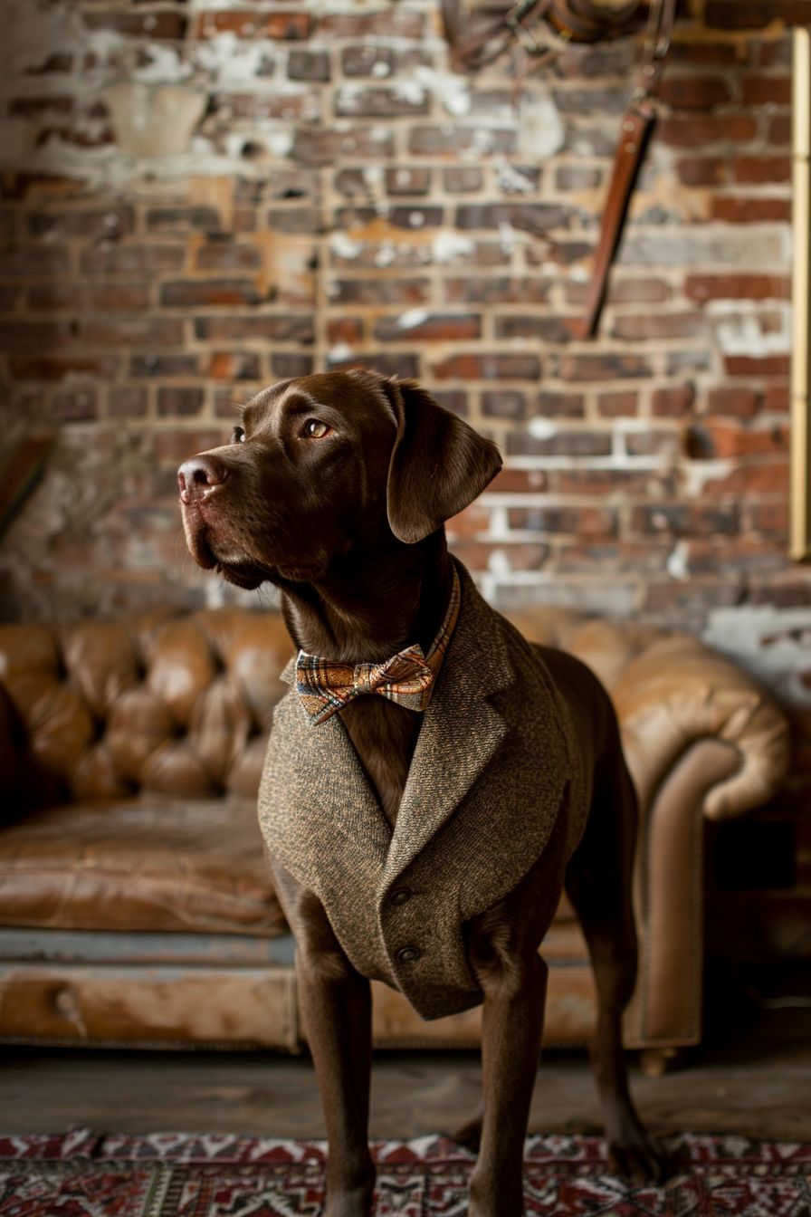 Chocolate Labrador wearing a preppy blazer and bow tie, standing in a chic urban loft with exposed brick walls