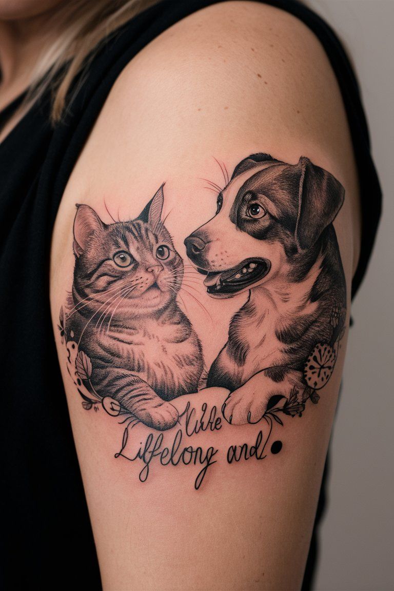 Cute Cat and Dog Best Friends Tattoo on female arm