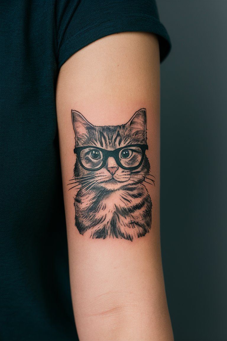 Cute Cat with Glasses Tattoo on female arm