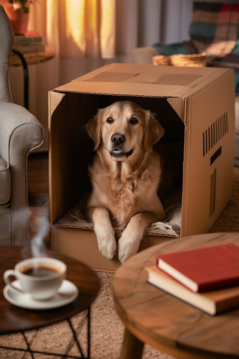 DIY Cardboard Box dog crate in a casual living room