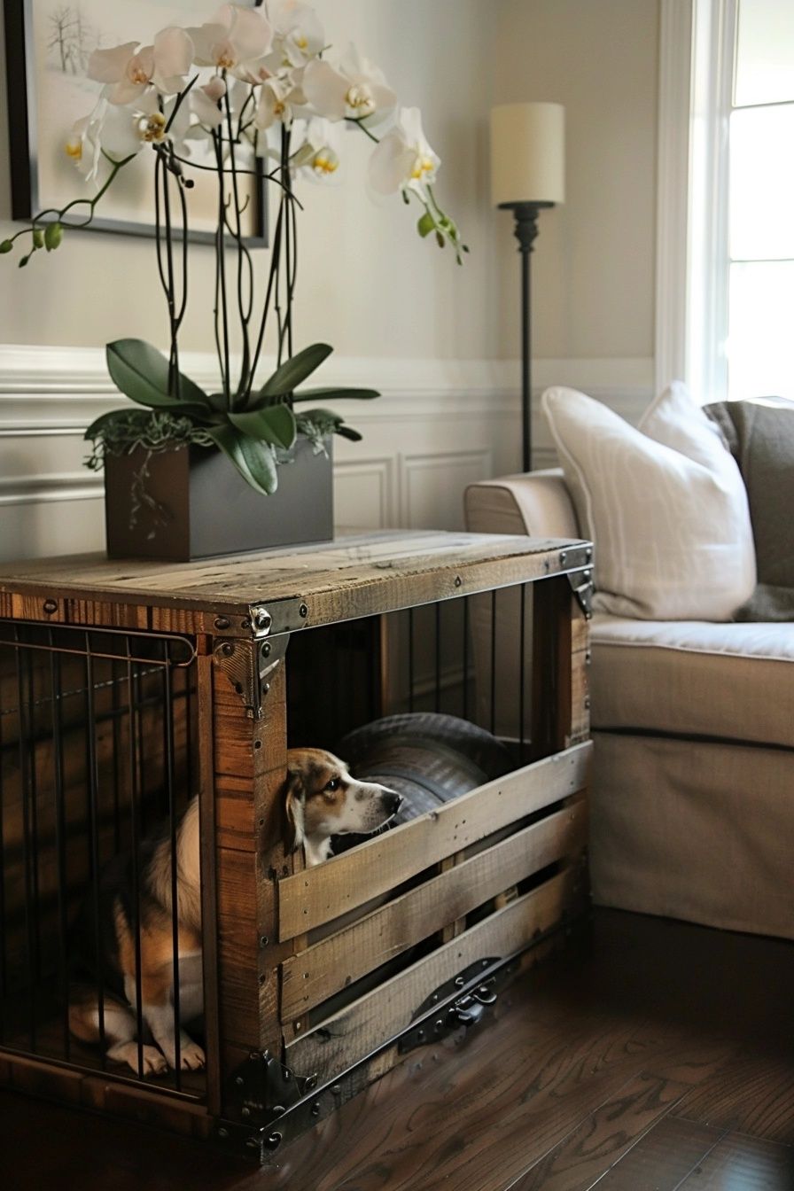 DIY dog crate made from repurposed wooden wine crates