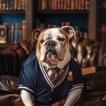 English Bulldog in a preppy polo, blazer, lying on a plush rug in a luxurious library with dark wood bookshelves