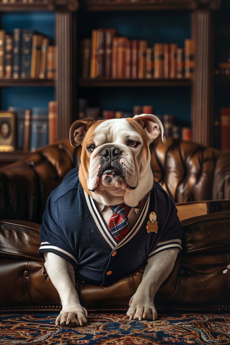 English Bulldog in a preppy polo, blazer, lying on a plush rug in a luxurious library with dark wood bookshelves