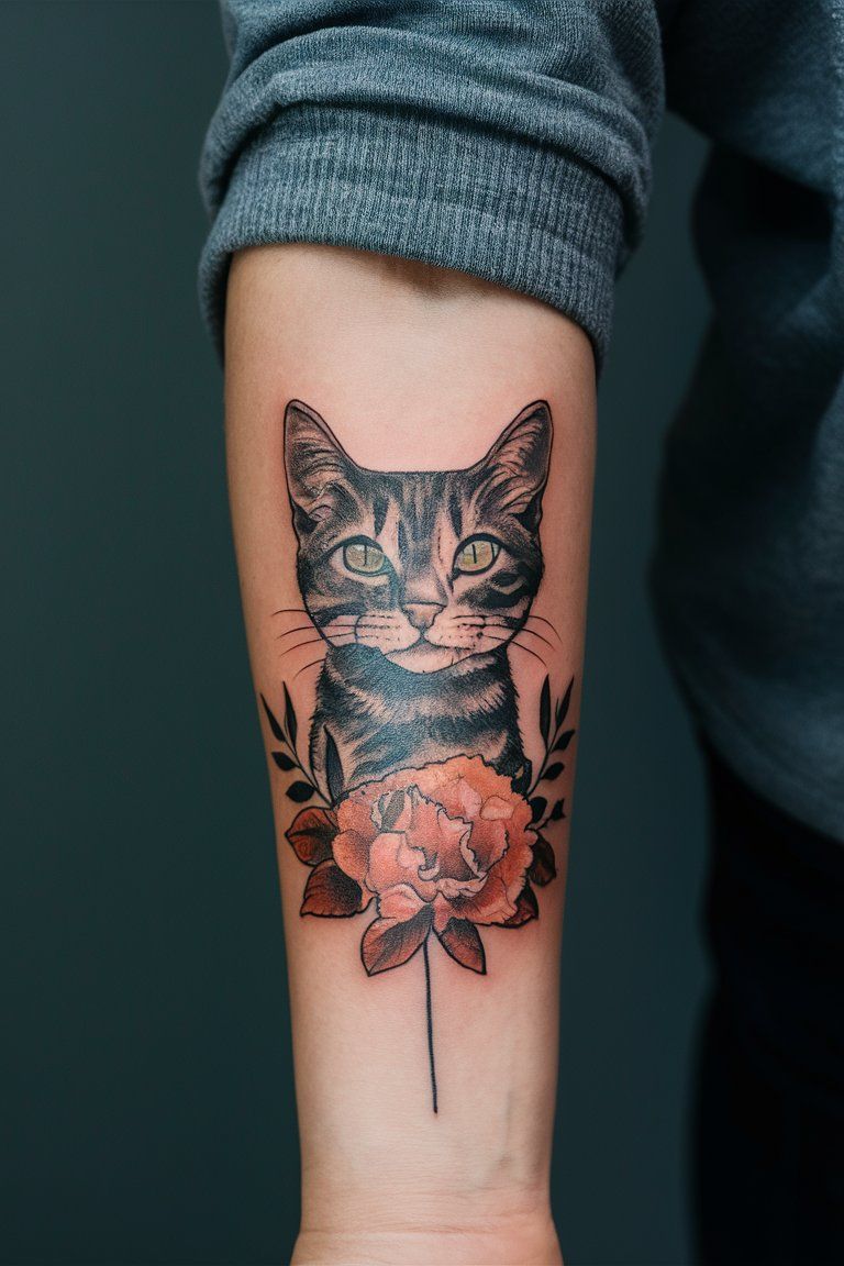 Floral Cat Silhouette tattoo on female arm