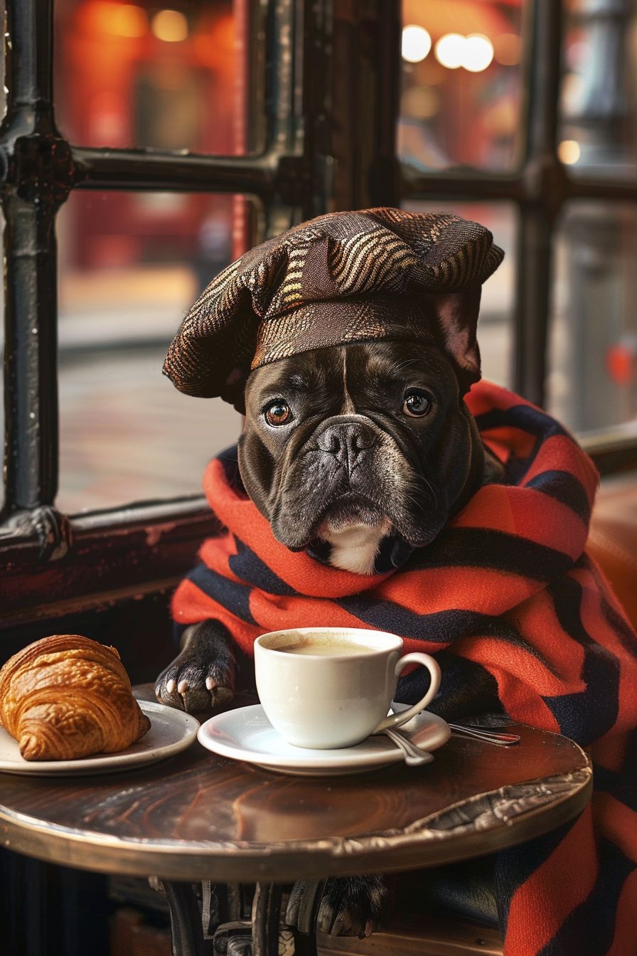 French Bulldog wearing a preppy striped scarf and a beret, sitting at a café table with a croissant and coffee, Parisian street scene