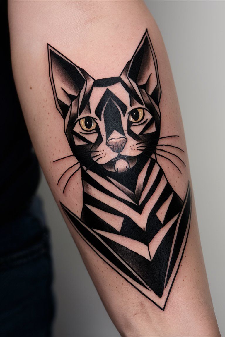 Geometric Cat Design tattoo on female arm