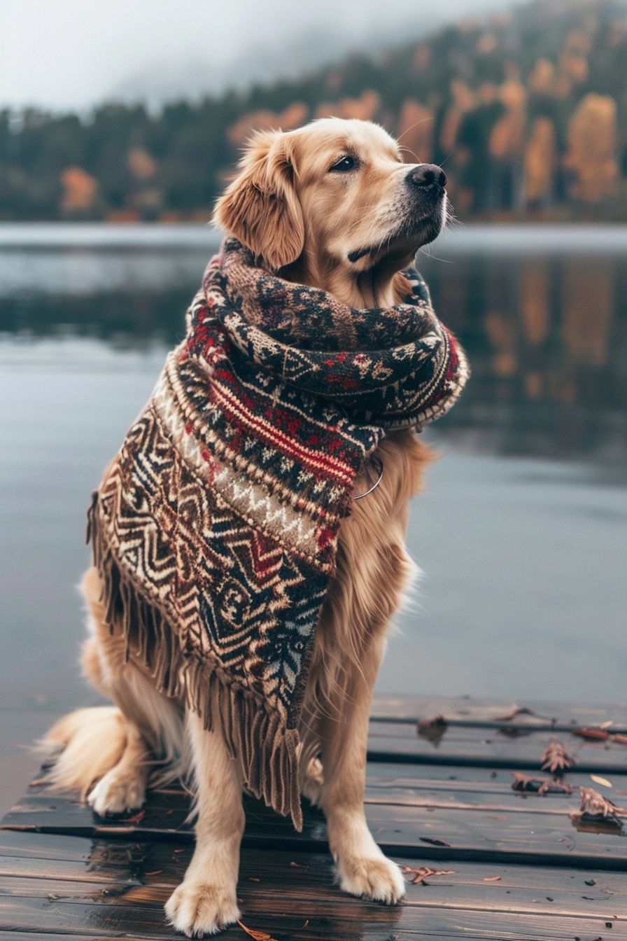 Golden Retriever in a preppy knitted sweater and a scarf, standing on a wooden dock by a serene lake, high detail, preppy fashion