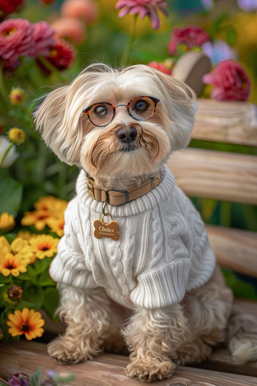 Havanese dog in a preppy polo and white cable-knit sweater and glasses, sitting on a wooden bench in a beautiful garden with blooming flowers, high detail