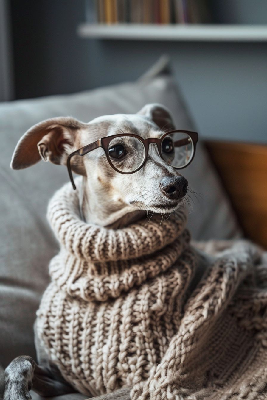 Italian Greyhound in a preppy turtleneck sweater and glasses, lounging on a modern sofa in a minimalist apartment