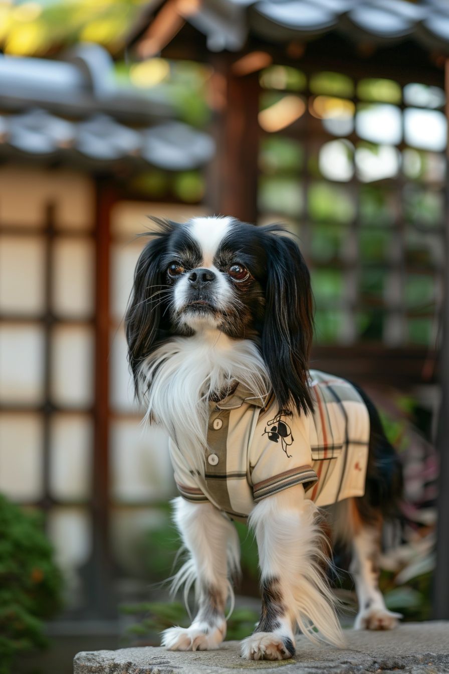 Japanese Chin dog wearing a preppy polo shirt standing in a traditional Japanese garden