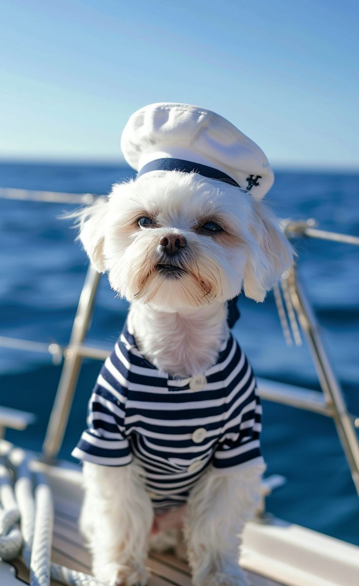 Maltese dog in a nautical striped shirt and a sailor hat, standing on a yacht deck with a clear blue sky and ocean in the background, preppy nautical theme