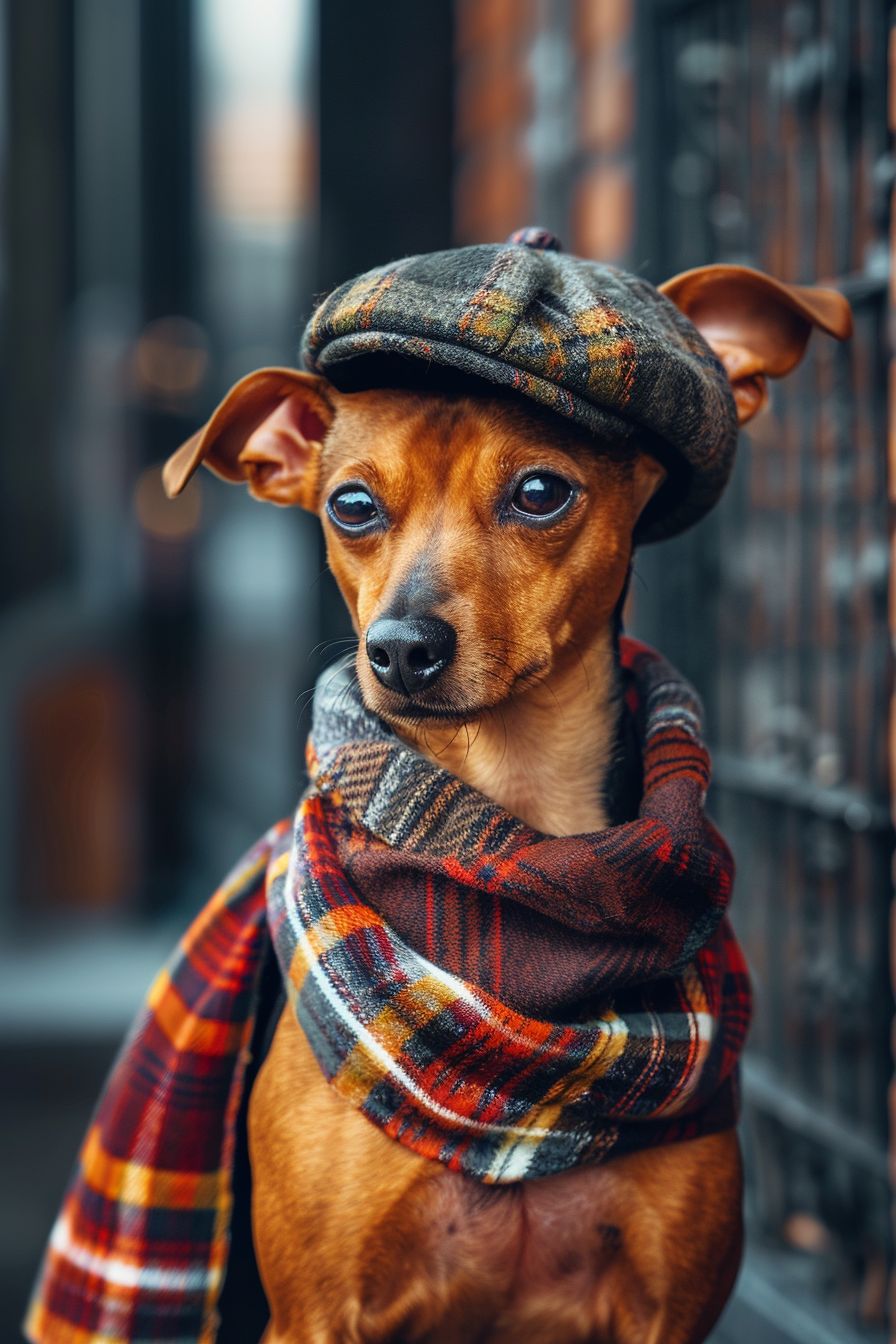 Miniature Pinscher dressed in a preppy tartan scarf and a tweed cap