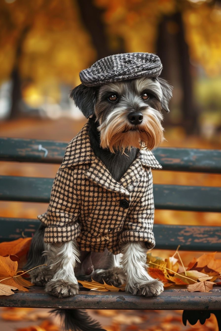 Miniature Schnauzer dressed in a preppy houndstooth coat and a flat cap, sitting on a park bench with autumn leaves