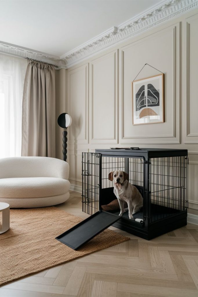 Modern black cage dog crate with ramp entry