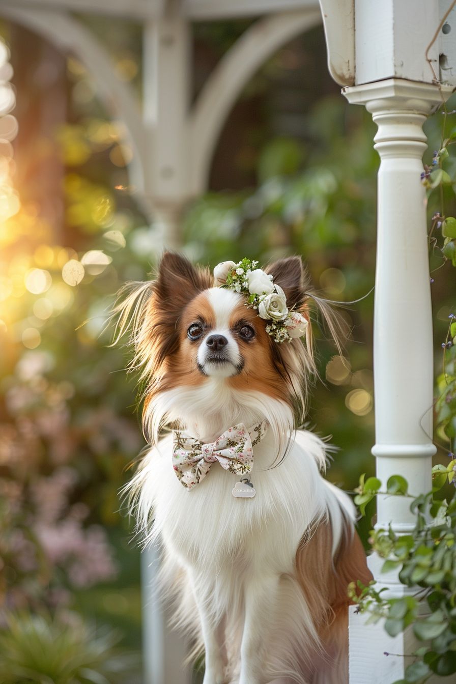 Papillon dog wearing a preppy bow tie and a floral headband, standing in a beautiful garden