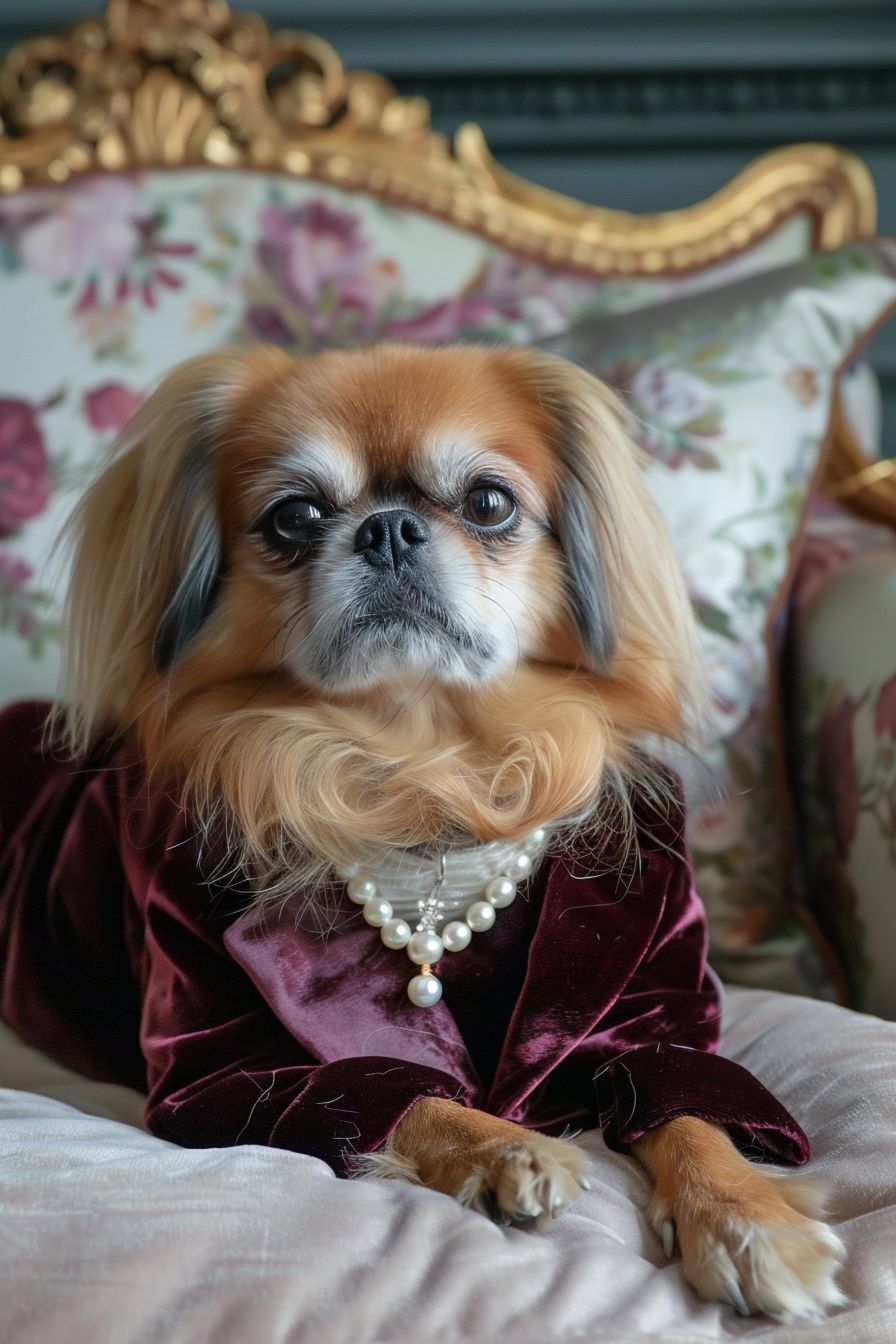 Pekingese dressed in a preppy velvet blazer and a pearl necklace, lying on a preppy silk cushion in a Boston apartment