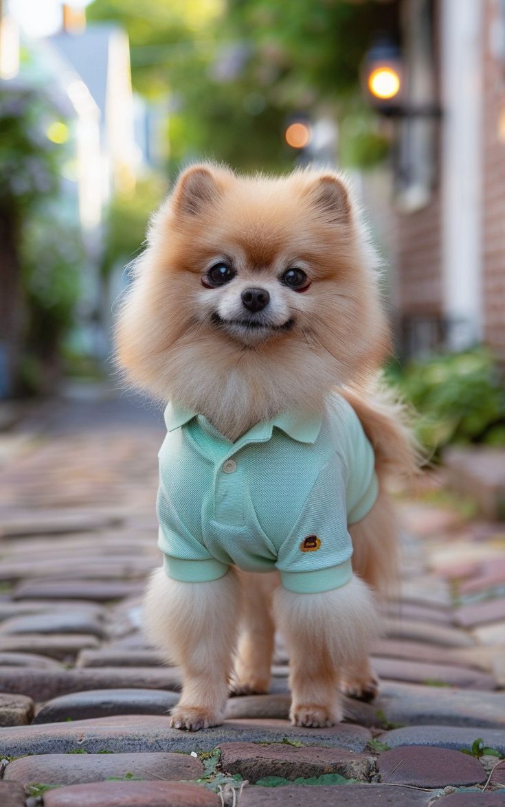 Pomeranian wearing a preppy pastel polo, standing on a cobblestone path in a picturesque Cape Cod town in fashion