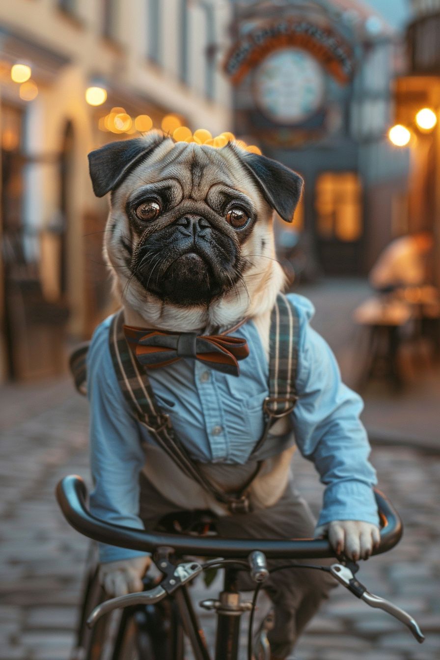 Pug dressed in a preppy bow tie and suspenders, sitting on a vintage bicycle in a quaint town square