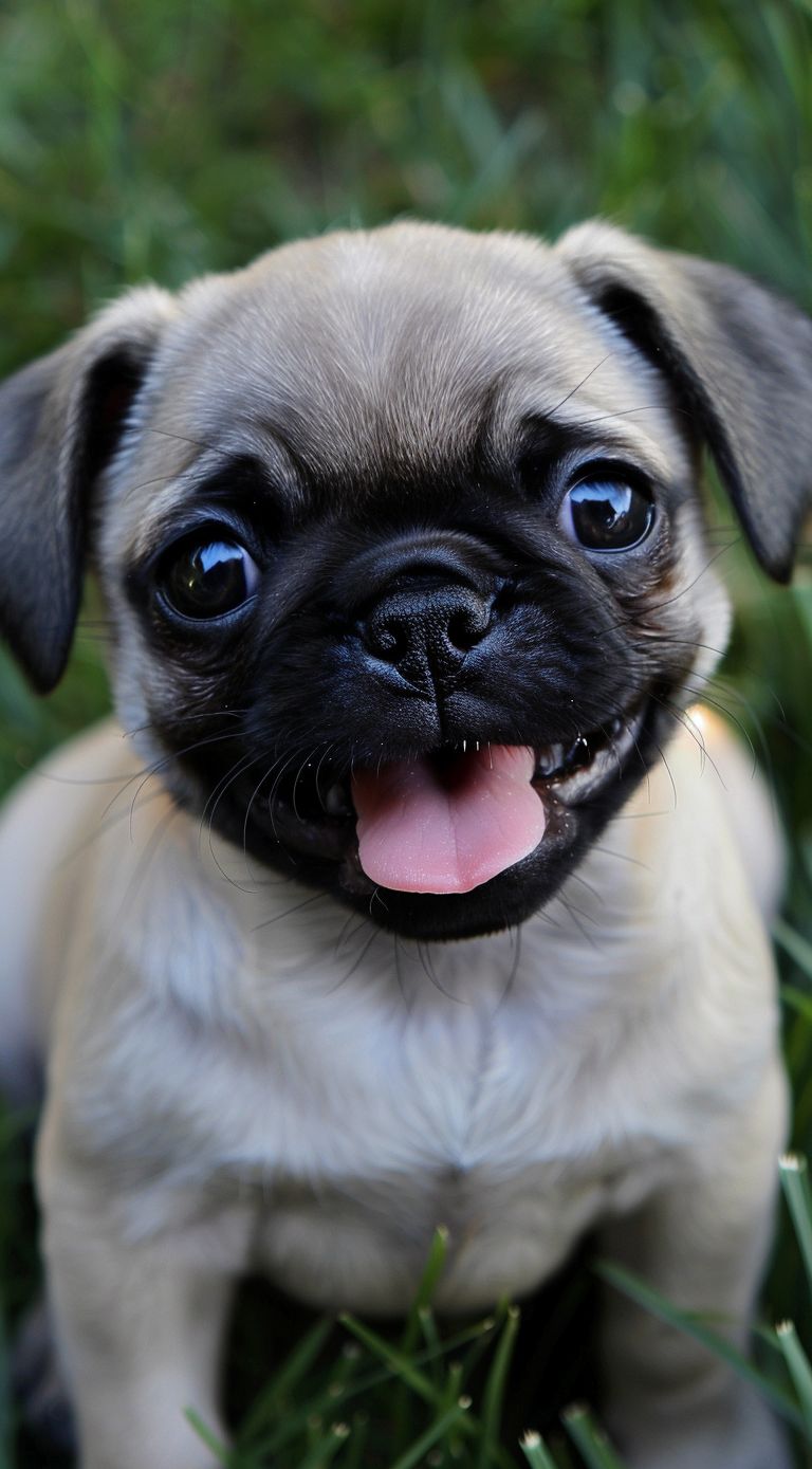 Pug puppy with a squished face and a toothy smile