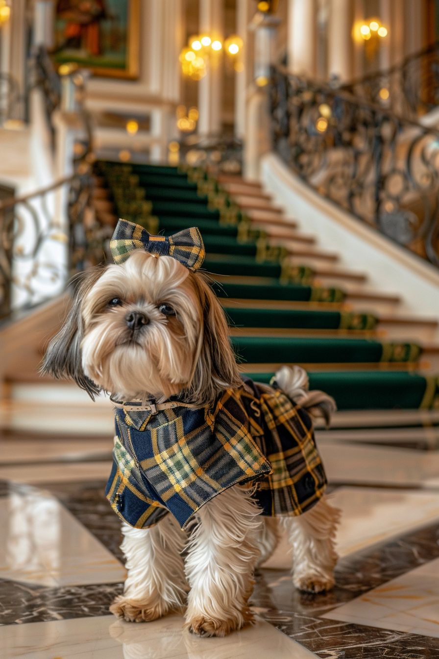 Shih Tzu dressed in a preppy plaid dress and a matching headband, standing on a marble floor in a luxurious foyer with a grand staircase