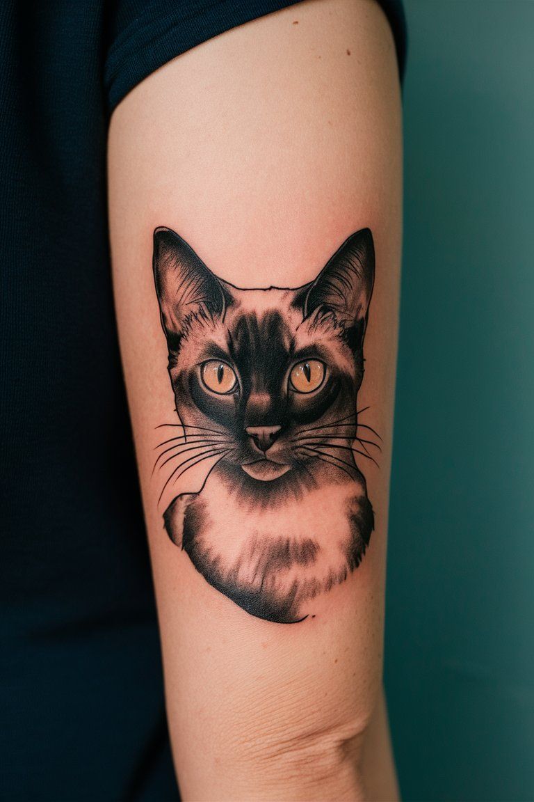 Siamese Cat Portrait tattoo on female arm