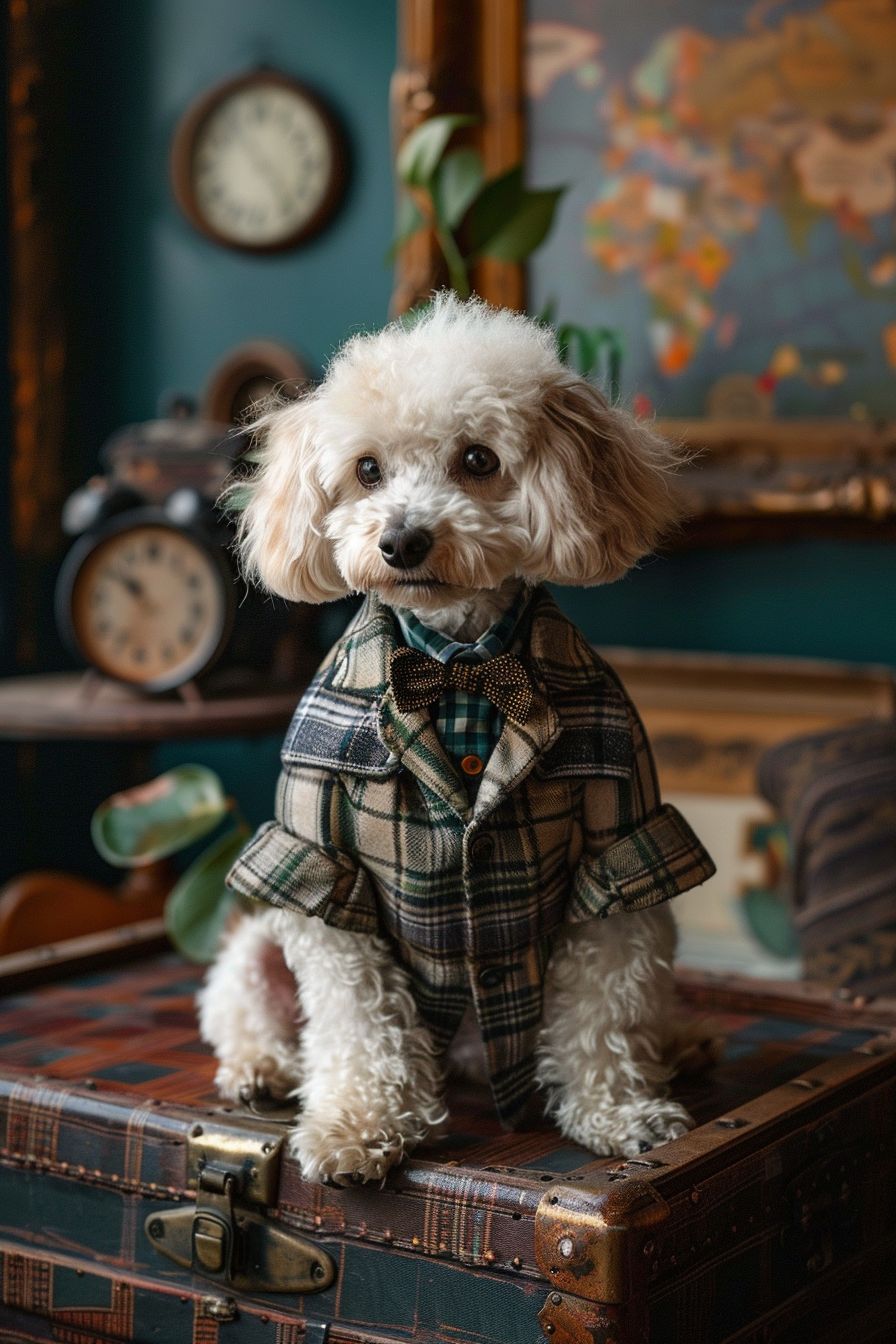 Toy Poodle dressed in a preppy plaid jacket and a bow tie, sitting on a vintage trunk in a sophisticated travel-themed room