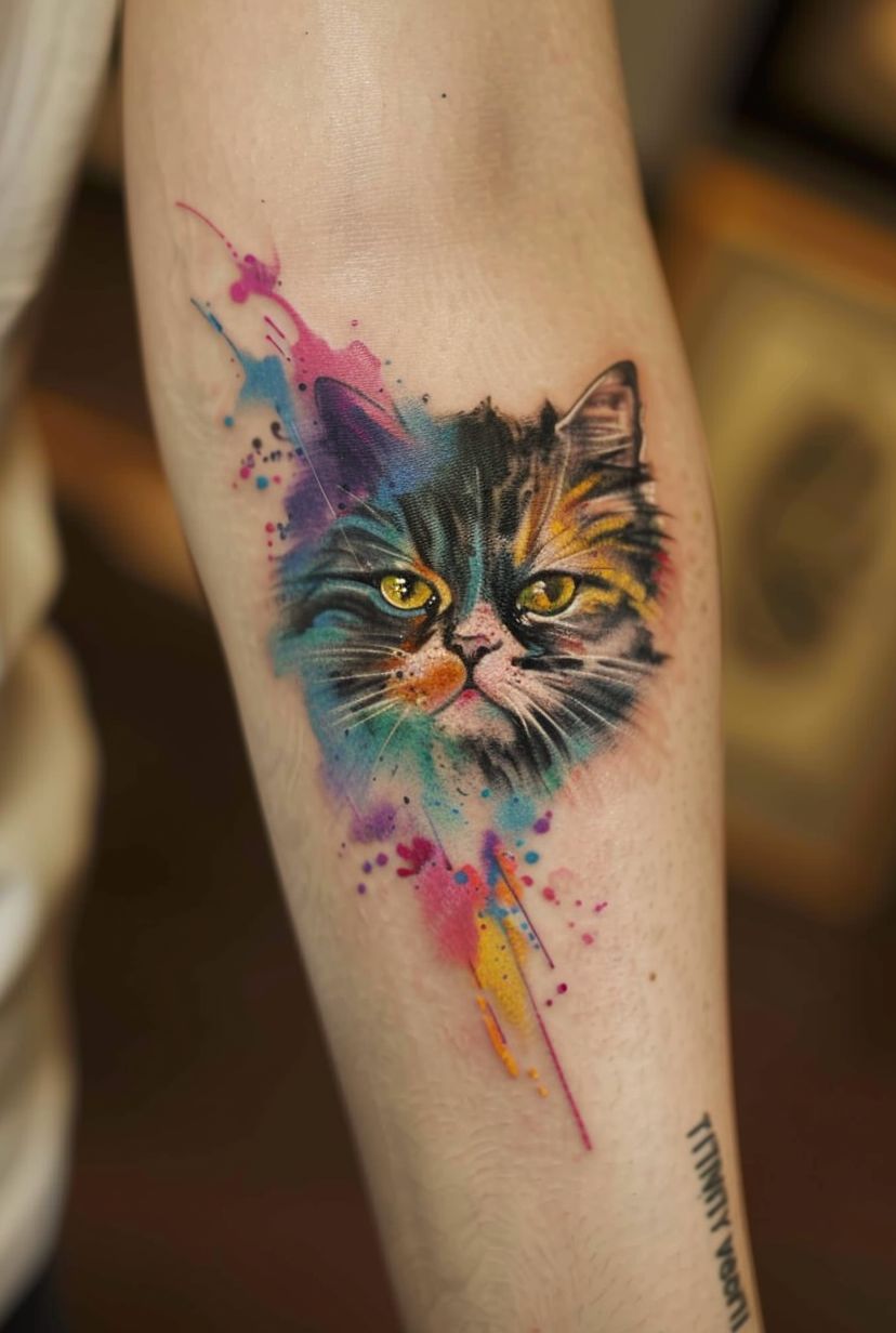 Watercolor Cat Portrait tatoo on arm