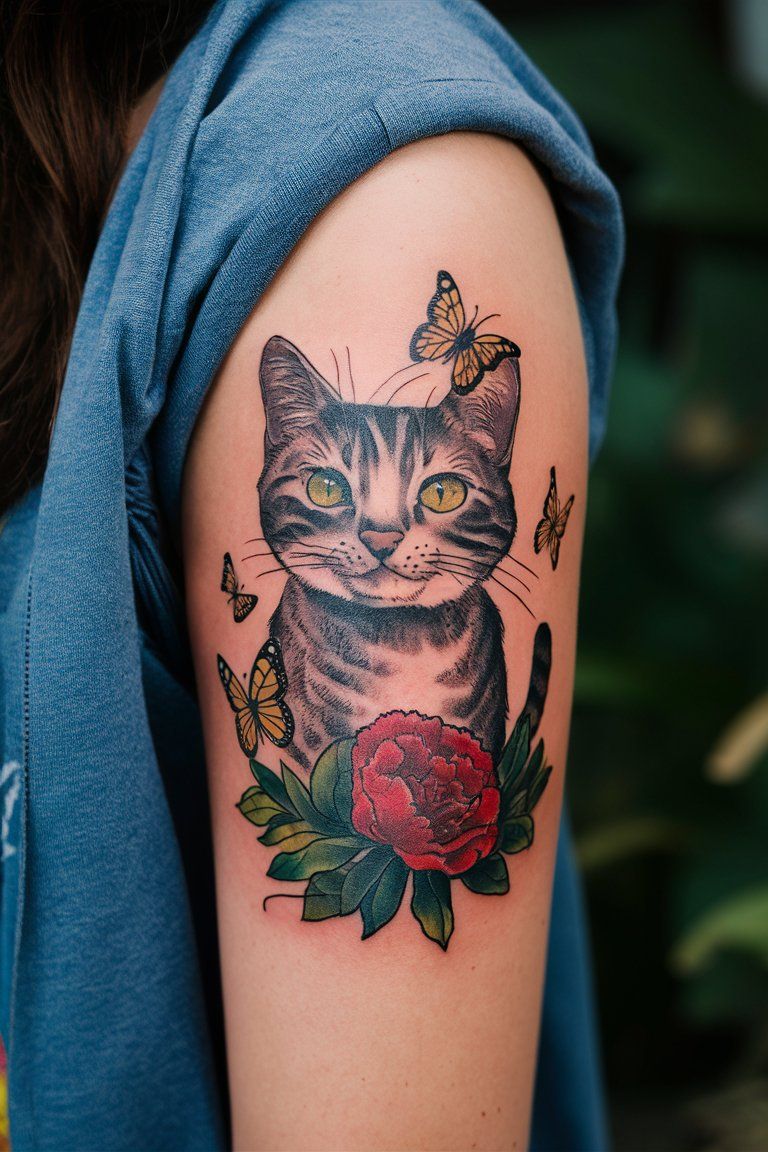 Whimsical Cat with Butterflies tattoo on female arm