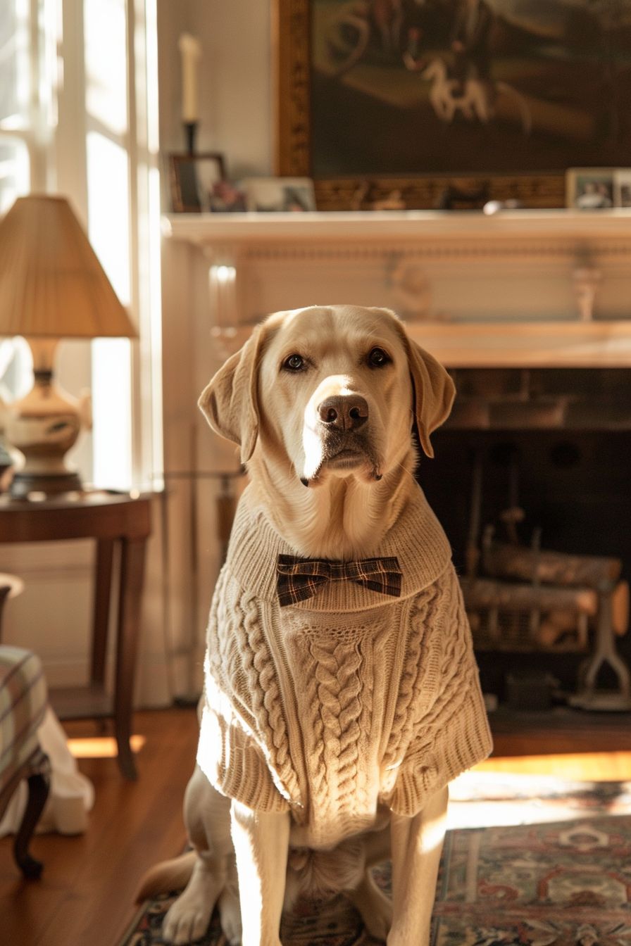 Yellow Labrador wearing a preppy cable-knit sweater and a bow, standing in a sunlit room with New England traditional interior