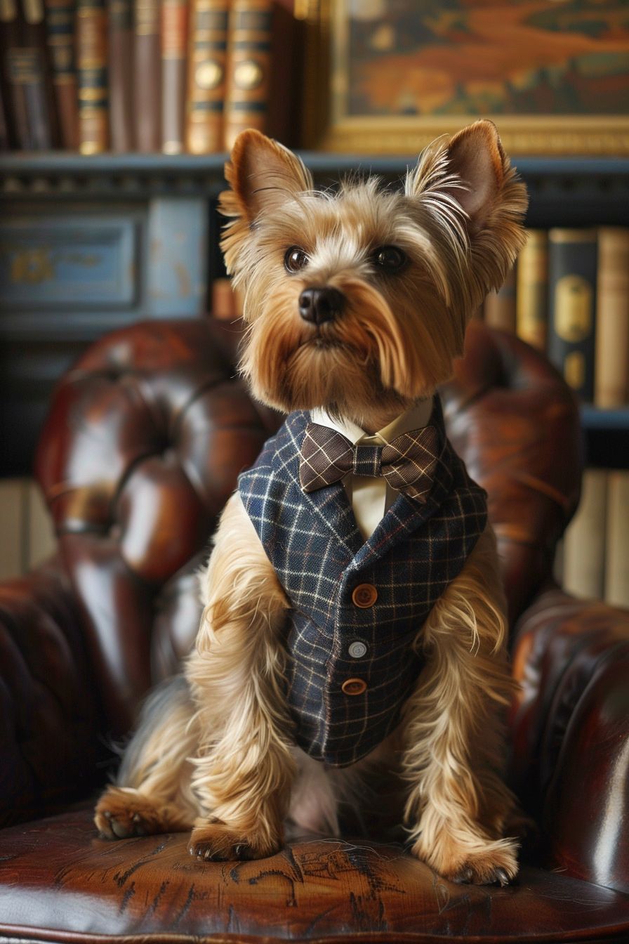 Yorkshire Terrier wearing a preppy argyle vest and a bow tie, sitting on a vintage leather armchair in a classy study room, high detail, preppy fashio